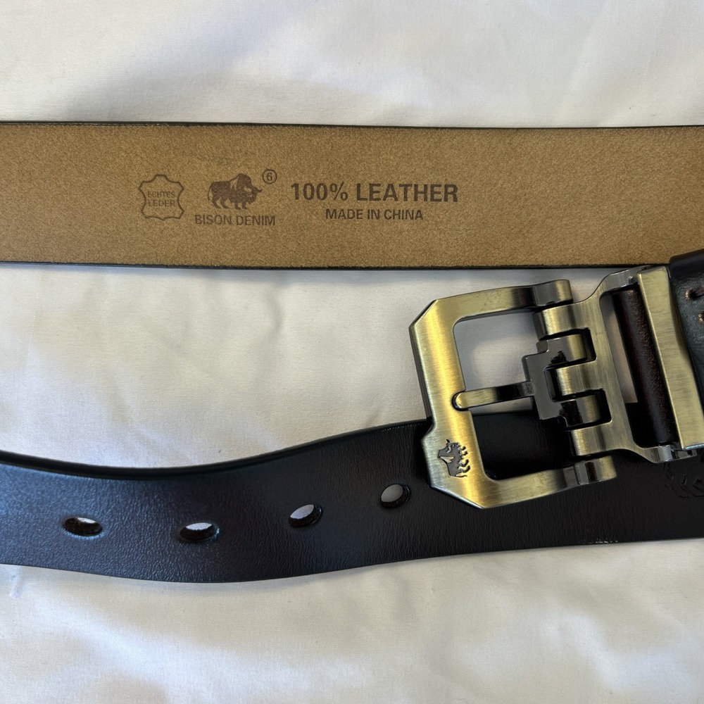Bison Denim Mens Dark Brown 100% Leather‎ Belt Brass Roller Buckle Size 46 115cm - Picture 5 of 9